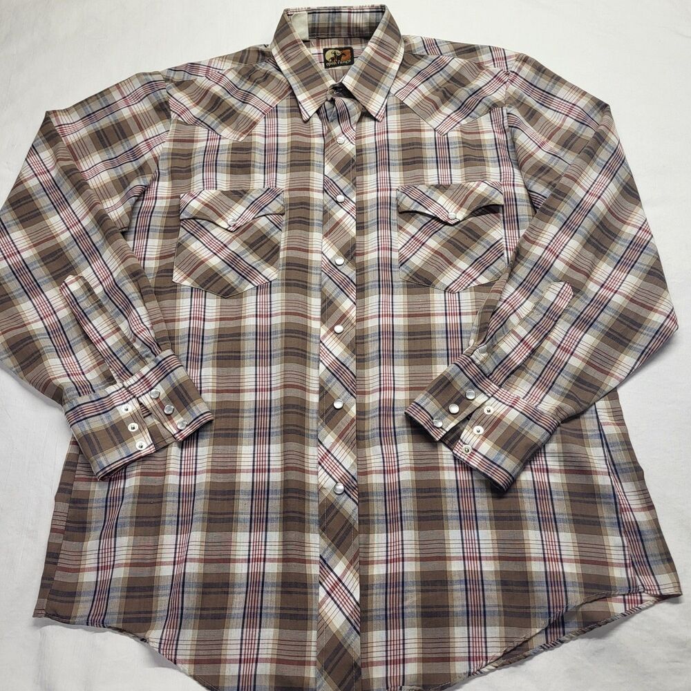 Vintage Mens Open Range Western Shirt Pearl Snap Long Sleeve Plaid Medium Tan